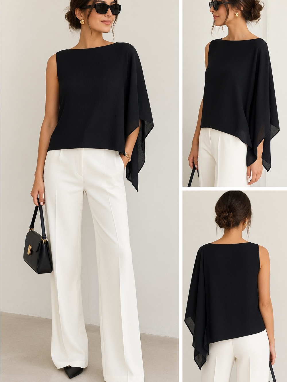 Cheap Monday SILK Black One-Shoulder Asymmetric Draped Top
